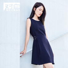 对白A字无袖连衣裙女夏2018新款别致腰带修身气质简约纯色短裙子图片