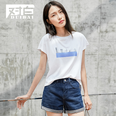 对白弹力T恤女短袖夏2018新款几何印花前长后短开叉时尚休闲上衣商品大图