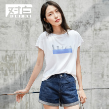 对白弹力T恤女短袖夏2018新款几何印花前长后短开叉时尚休闲上衣图片
