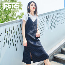 对白2018新款两件套T恤连衣裙女夏装纯色上衣条纹V领开叉休闲裙子图片