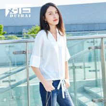 对白V领雪纺衫女夏装2018新款纯色简约五分袖气质抽绳白色上衣服图片
