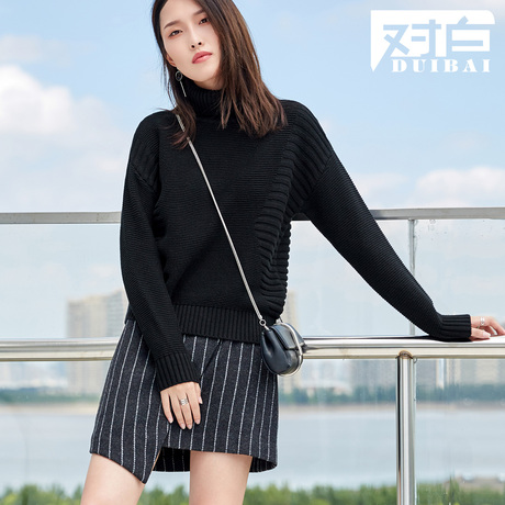 对白高领棉质毛衣女套头2018秋冬新款简约长袖保暖打底针织衫商品大图