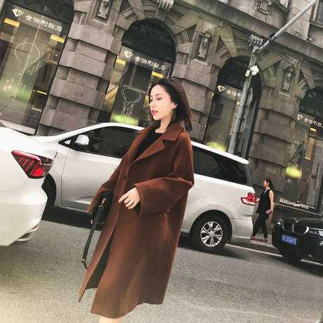 【新品】唐狮2018秋冬季新款外套女反季宽松中长羊毛呢子大衣赫本商品大图