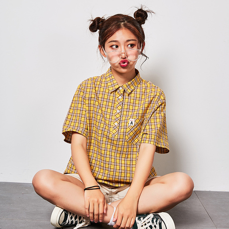 唐狮短袖格子衬衫韩版宽松衬衣女2018新款chic上衣港味学生夏9.20商品大图
