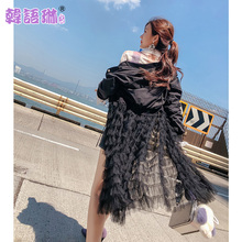 韩语琳女装风衣2018新款秋装韩版修身网纱拼接中长款长袖黑色外套图片