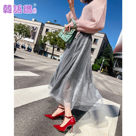韩语琳女装新款裙子2018秋季韩版高腰中长裙欧根纱a字裙半身裙女商品大图