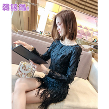 韩语琳2018秋冬女装韩版气质高腰修身包臀长袖流苏网纱绣花连衣裙图片