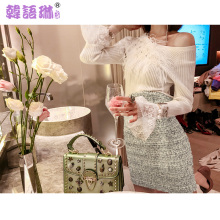 韩语琳秋冬毛衣2018女装新款韩版修身针织衫长袖白色套头拼接上衣图片