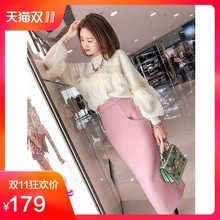 韩语琳秋冬新款2018女装韩版圆领长袖宽松毛衣白色拼接针织女上衣图片