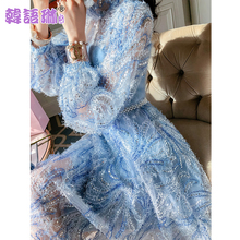 韩语琳裙子女装秋冬2018新款性感网纱长裙拼接毛呢长袖修身连衣裙图片