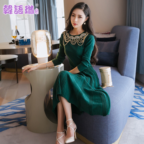 韩语琳空间秋装女2018韩版圆领收腰钉珠长袖针织毛衣连衣裙子商品大图