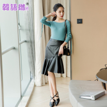 韩语琳空间秋装2018女PU裙子高腰显瘦荷叶边气质黑色不规则半身裙图片