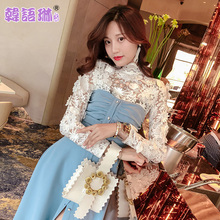 韩语琳秋装蕾丝衫2018女装新款韩版性感修身长袖网纱拼接白色上衣图片