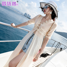 韩语琳裙子2018夏季新款女装韩版性感V领短袖雪纺连衣裙中长裙女图片