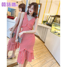 韩语琳女装裙子2018新款夏装韩版性感包臀鱼尾条纹中长款连衣裙女图片