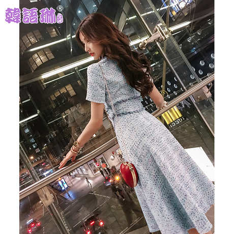 韩语琳新款秋装裙子2018韩版女装V领短袖收腰开衫中长款连衣裙女商品大图