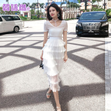 韩语琳夏季2018新款女装韩版白色网纱蕾丝中长款裙子蛋糕裙连衣裙图片