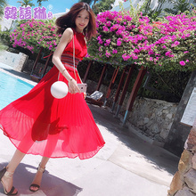 韩语琳空间夏季2018新款性感露肩气质挂脖收腰雪纺连衣裙女长裙子图片
