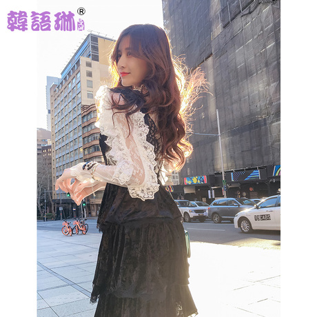 韩语琳女装性感蕾丝衫2018秋装新款韩版修身显瘦白色拼接长袖上衣商品大图