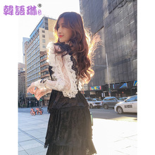 韩语琳女装性感蕾丝衫2018秋装新款韩版修身显瘦白色拼接长袖上衣图片