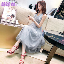 韩语琳女装裙子夏季2018新款性感高腰V领无袖网纱中长款连衣裙女图片