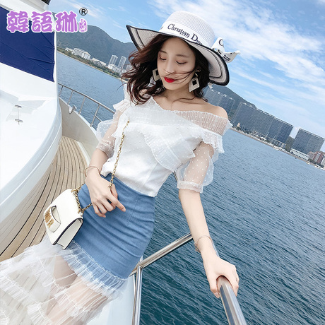 韩语琳夏季新款2018女装韩版性感一字肩短袖网纱拼接白色超仙上衣商品大图