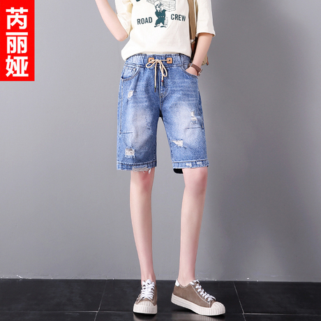 芮丽娅牛仔短裤女韩版夏2018新款chic抽绳宽松破洞显瘦学生五分裤商品大图