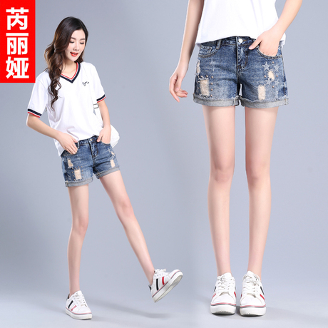 芮丽娅牛仔短裤女宽松夏季2018新款翻边chic显瘦破洞韩版学生热裤商品大图
