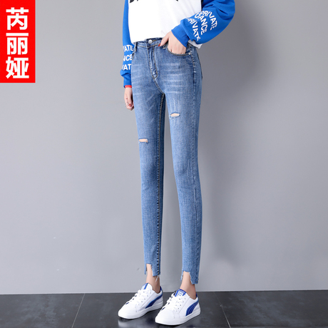 芮丽娅破洞牛仔裤女春秋2018新款弹力韩版修身显瘦个性九分铅笔裤商品大图