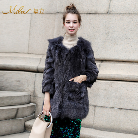 Mulee/慕立2018新款皮草外套秋冬中长款狐狸毛大衣九分袖保暖女装商品大图