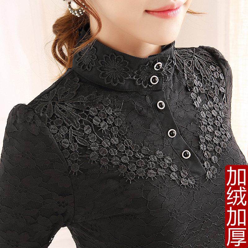 加绒加厚打底衫秋冬新款高领保暖女士蕾丝上衣