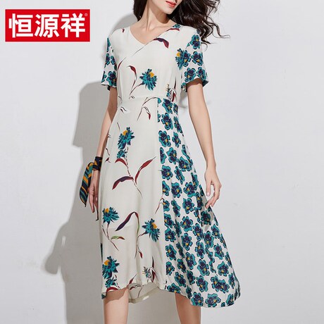 恒源祥2019春夏新款真丝女士中长款宽松连衣裙桑蚕丝V领裙子商品大图