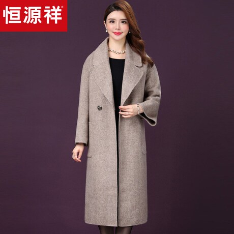恒源祥羊毛大衣女中长款2018秋冬季新款宽松毛呢外套人字纹呢大衣商品大图
