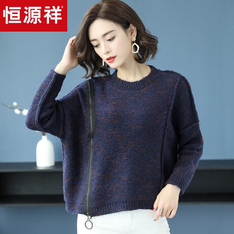 恒源祥秋冬装套头宽松毛衣女新款2018花线针织衫拉链装饰打底上衣商品大图