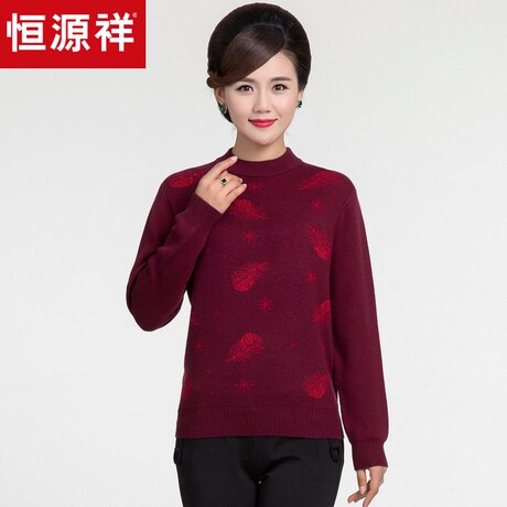 恒源祥中老年半高领圆领毛衣妈妈装2018秋冬加厚直筒针织衫含羊毛商品大图