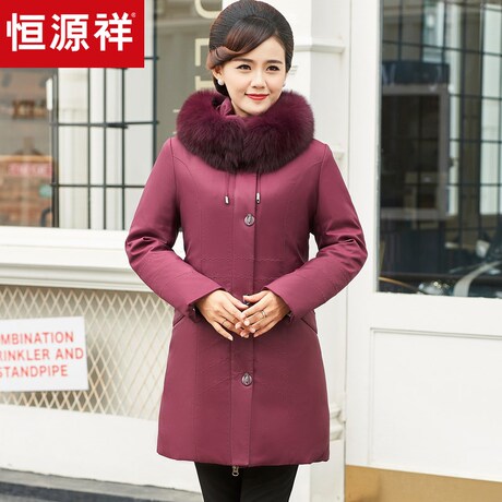 恒源祥妈妈装羽绒服连帽大毛领鸭绒棉衣拉链中长款外套保暖大衣女商品大图