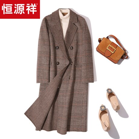 恒源祥毛呢大衣女休闲复古外套2018秋冬格纹口袋中长款V领外搭女商品大图