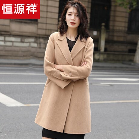 恒源祥双面呢大衣女2018秋冬中长款纯羊毛呢子大衣纯色西装领外套商品大图