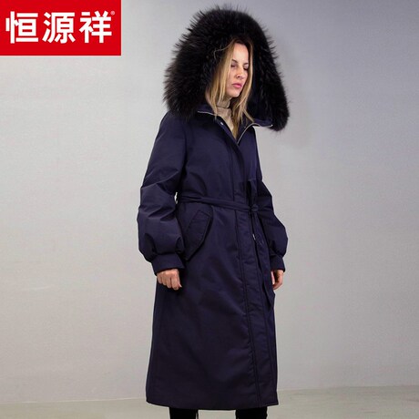 恒源祥中长款白鹅绒风衣女系带收腰冬季大毛领羽绒服连帽工装外套商品大图