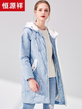 恒源祥羽绒服女中长款2018秋冬白鸭绒连帽大衣绣花小清新保暖外套商品大图