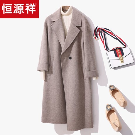 恒源祥中长款纯绵羊毛女装呢大衣两粒扣V领2018秋冬休闲韩范外套商品大图