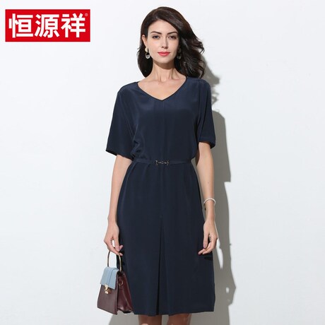 恒源祥2019新款真丝连衣裙桑蚕丝中长款女士V领纯色收腰裙子商品大图