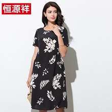恒源祥2019新款夏季中老年女印花真丝连衣裙中长款宽松桑蚕丝裙子图片