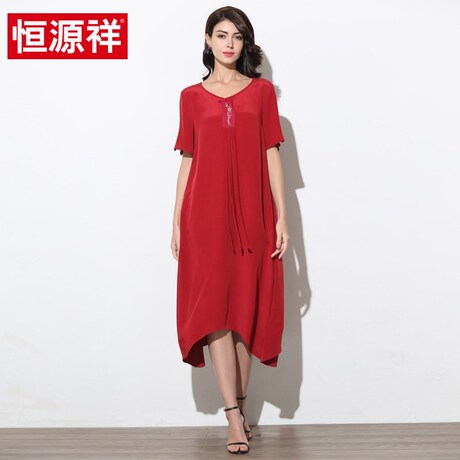 恒源祥2019夏季新款中老年短袖真丝连衣裙中长款桑蚕丝妈妈装商品大图