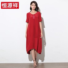 恒源祥2019夏季新款中老年短袖真丝连衣裙中长款桑蚕丝妈妈装图片