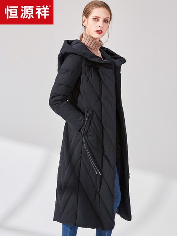 恒源祥羽绒服女连帽长过膝白鸭绒休闲保暖冬装 冬季厚款收腰外套商品大图