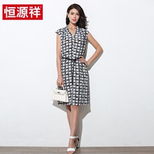 恒源祥2019春夏季新款真丝中长款连衣裙女桑蚕丝宽松收腰裙子图片