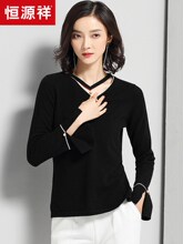 恒源祥羊毛衫女V领 2018秋冬纯羊毛针织衫黑色镂空领毛衣微喇叭袖图片