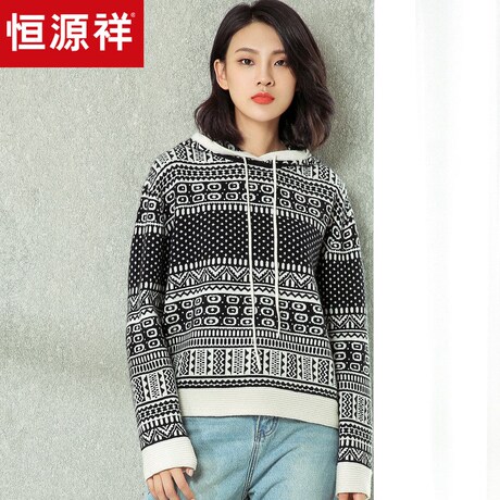 恒源祥秋冬羊绒衫女套头宽松连帽卫衣2018提花厚毛衣针织打底帽衫商品大图