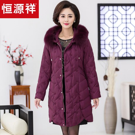 恒源祥大毛领羽绒服女中长款2018冬装保暖外套白鸭绒收腰羽绒大衣商品大图